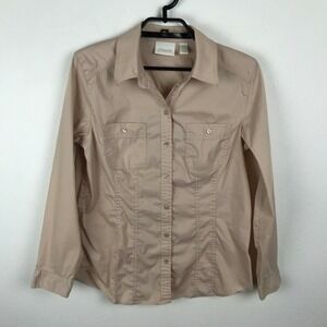 Chico's Blouse Size 0 Long Sleeve Beige Pockets Button Up Womens Shirt